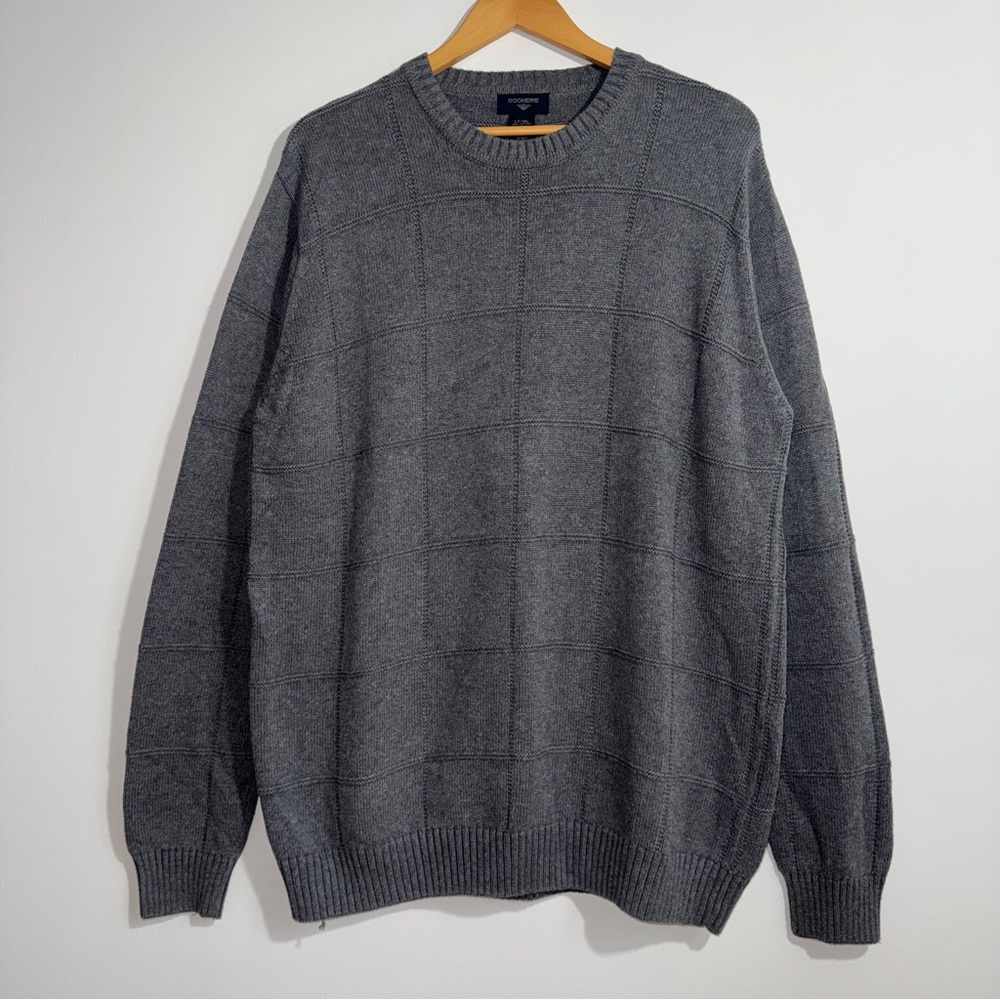 Dockers Gray Cotton Knit Sweater Windowpane Pattern Size Large Tall